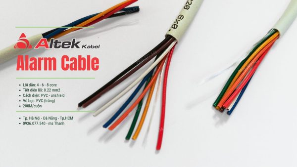 Cáp báo cháy Altek Kabel loại không chống nhiễu (Unshielded). Với ruột dẫn bằng đồng nguyên chất 0.22mm², cách điện PVC phân màu rõ ràng, vỏ ngoài PVC mềm dẻo, 4C, 6C, 8C với màu dây phân biệt rõ ràng, thuận tiện đấu nối, tiết diện lõi 0.22 mm2