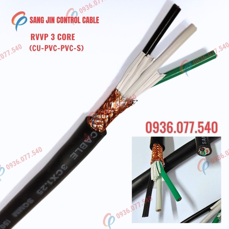 Cáp điều khiển Sangjin 3x0.75mm² – RVVP có lưới chống nhiễu, lõi đồng mềm. Hotline: 0936.077.540 (Ms Thanh)