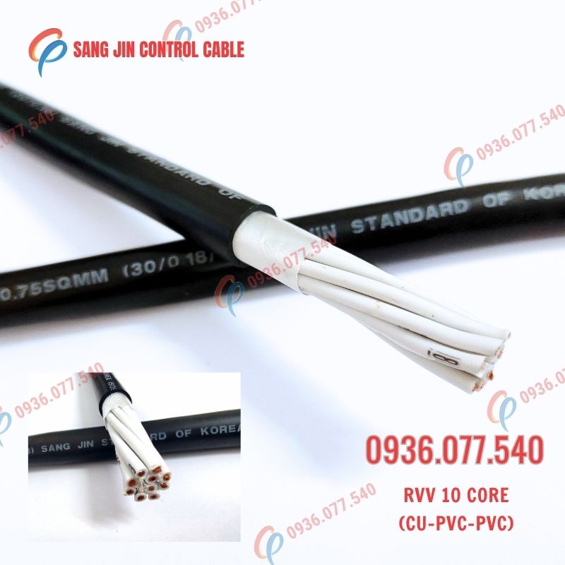 Cáp điều khiển Sangjin 10C x 0.75mm2 – RVV không lưới chống nhiễu, 10 lõi 0.75mm2, CU/PVC/PVC. Kho HCM. Hotline: 0936.077.540 (Ms Thanh).