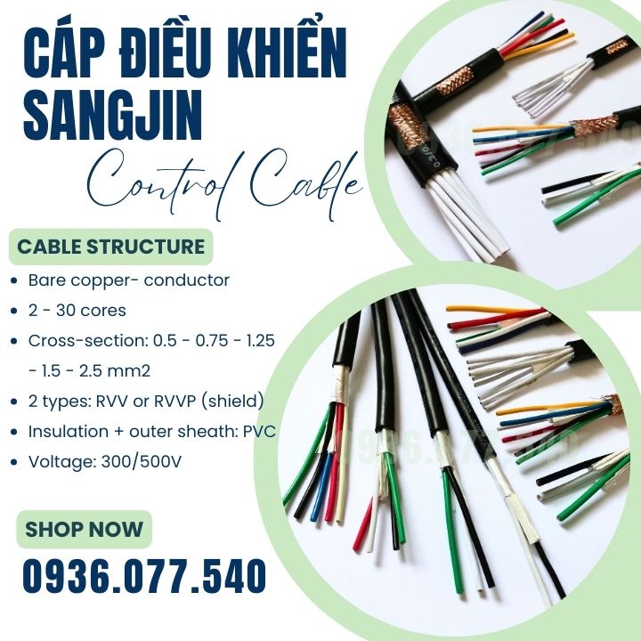 Cáp điều khiển Sangjin RVV - RVVP, lõi đồng mềm, vỏ PVC màu đen, 300/500V. Phù hợp tủ điện và hệ thống điều khiển công nghiệp
