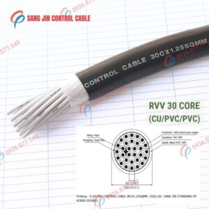 Cáp điều khiển Sangjin 30 lõi RVV, lõi đồng mềm, vỏ PVC màu đen, không lưới chống nhiễu. Phù hợp tủ điện và hệ thống điều khiển công nghiệp, Cu/pvc/pvc