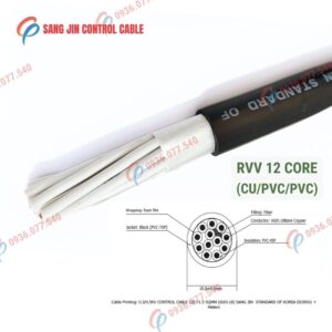Cáp điều khiển Sangjin 12 lõi RVV, lõi đồng mềm, vỏ PVC màu đen, không lưới chống nhiễu. Phù hợp tủ điện và hệ thống điều khiển công nghiệp, Cu/pvc/pvc