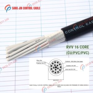 Cáp điều khiển Sangjin 16 lõi RVV, lõi đồng mềm, vỏ PVC màu đen, không lưới chống nhiễu. Phù hợp tủ điện và hệ thống điều khiển công nghiệp, Cu/pvc/pvc