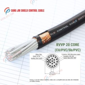 Cáp điều khiển Sangjin 20 lõi RVVP có lưới chống nhiễu, lõi đồng mềm, truyền tín hiệu ổn định, phù hợp tủ điện và hệ thống điều khiển công nghiệp, 300/500V