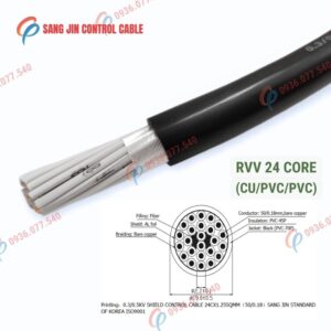 Cáp điều khiển Sangjin 24 lõi RVV, lõi đồng mềm, vỏ PVC màu đen, không lưới chống nhiễu. Phù hợp tủ điện và hệ thống điều khiển công nghiệp, Cu/pvc/pvc