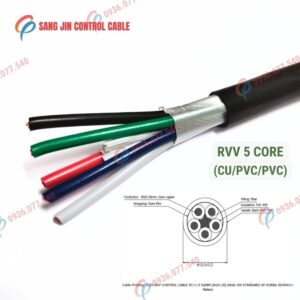Cáp điều khiển Sangjin 5 lõi RVV, lõi đồng mềm, vỏ PVC màu đen, không lưới chống nhiễu. Phù hợp tủ điện và hệ thống điều khiển công nghiệp, Cu/pvc/pvc