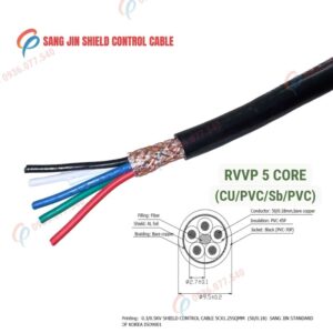 Cáp điều khiển Sangjin 5 lõi RVVP có lưới chống nhiễu, lõi đồng mềm, truyền tín hiệu ổn định, phù hợp tủ điện và hệ thống điều khiển công nghiệp, 300/500V