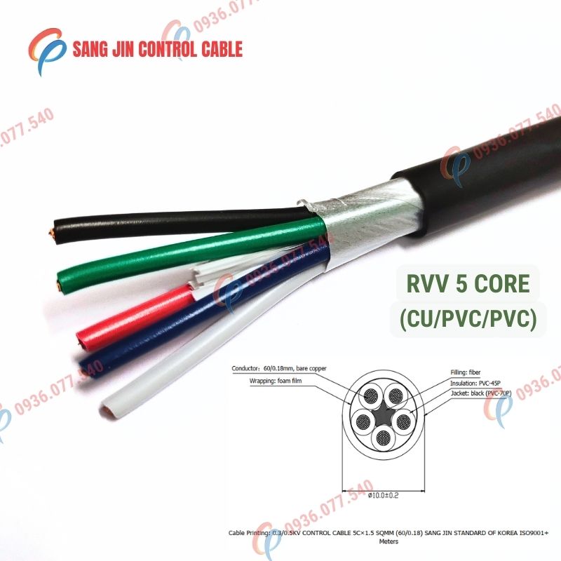 Cáp điều khiển Sangjin 5 lõi RVV, lõi đồng mềm, vỏ PVC màu đen, không lưới chống nhiễu. Phù hợp tủ điện và hệ thống điều khiển công nghiệp, Cu/pvc/pvc