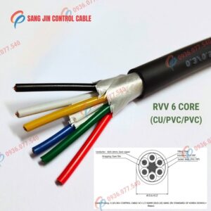 Cáp điều khiển Sangjin 6 lõi RVV, lõi đồng mềm, vỏ PVC màu đen, không lưới chống nhiễu. Phù hợp tủ điện và hệ thống điều khiển công nghiệp, Cu/pvc/pvc