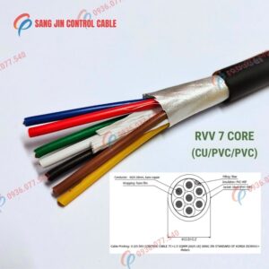 Cáp điều khiển Sangjin 7 lõi RVV, lõi đồng mềm, vỏ PVC màu đen, không lưới chống nhiễu. Phù hợp tủ điện và hệ thống điều khiển công nghiệp, Cu/pvc/pvc