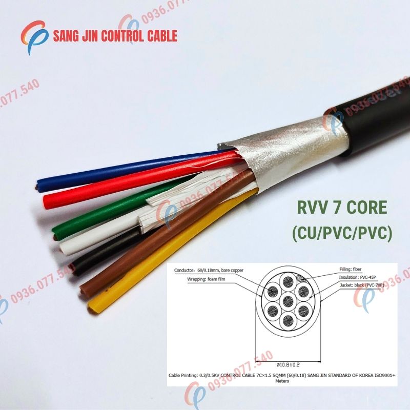 Cáp điều khiển Sangjin 7 lõi RVV, lõi đồng mềm, vỏ PVC màu đen, không lưới chống nhiễu. Phù hợp tủ điện và hệ thống điều khiển công nghiệp, Cu/pvc/pvc