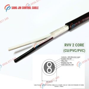 Cáp điều khiển Sangjin 2 lõi RVV, lõi đồng mềm, vỏ PVC màu đen, không lưới chống nhiễu. Phù hợp tủ điện và hệ thống điều khiển công nghiệp, Cu/pvc/pvc