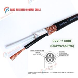 Cáp điều khiển Sangjin 2 lõi RVVP có lưới chống nhiễu, lõi đồng mềm, truyền tín hiệu ổn định, phù hợp tủ điện và hệ thống điều khiển công nghiệp, 300/500V