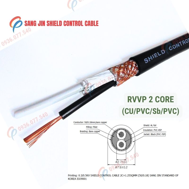 Cáp điều khiển Sangjin 2 lõi RVVP có lưới chống nhiễu, lõi đồng mềm, truyền tín hiệu ổn định, phù hợp tủ điện và hệ thống điều khiển công nghiệp, 300/500V