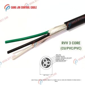 Cáp điều khiển Sangjin 3 lõi RVV, lõi đồng mềm, vỏ PVC màu đen, không lưới chống nhiễu. Phù hợp tủ điện và hệ thống điều khiển công nghiệp, Cu/pvc/pvc