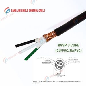 Cáp điều khiển Sangjin 3 lõi RVVP có lưới chống nhiễu, lõi đồng mềm, truyền tín hiệu ổn định, phù hợp tủ điện và hệ thống điều khiển công nghiệp, 300/500V