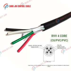 Cáp điều khiển Sangjin 4 lõi RVV, lõi đồng mềm, vỏ PVC màu đen, không lưới chống nhiễu. Phù hợp tủ điện và hệ thống điều khiển công nghiệp, Cu/pvc/pvc