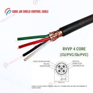 Cáp điều khiển Sangjin 4 lõi RVVP có lưới chống nhiễu, lõi đồng mềm, truyền tín hiệu ổn định, phù hợp tủ điện và hệ thống điều khiển công nghiệp, 300/500V