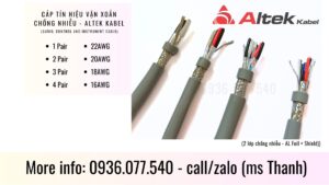 Cáp tín hiệu chống nhiễu 2 lớp (Foil + Braided Shield) Altek Kabel, đầy đủ 1 Pair – 4 Pair, 16–22 AWG, cáp tín hiệu xoắn cặp dùng cho môi trường nhiễu cao.