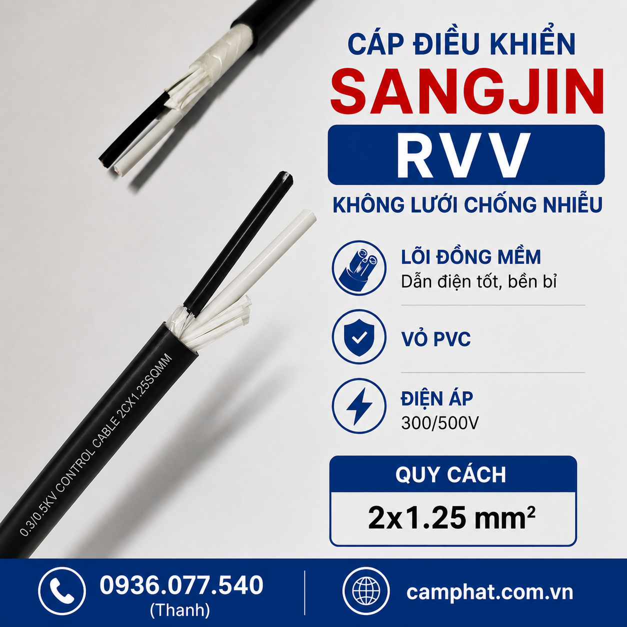 Cáp điều khiển Sangjin RVV 2x1.25 mm²