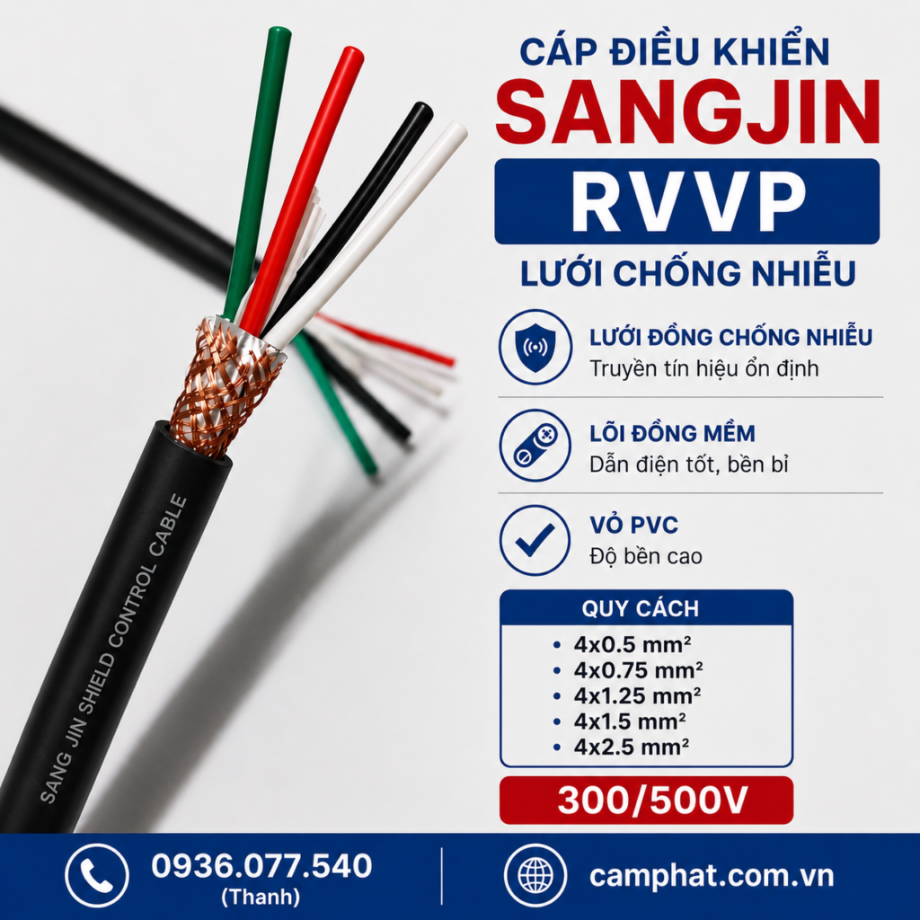 Sangjin-rvvp-4C Cáp điều khiển Sangjin 4 lõi (4C) (0.5 - 0.75 - 1.25 - 1.5 - 2.5 mm2), RVV - RVVP, Standard of Korea.